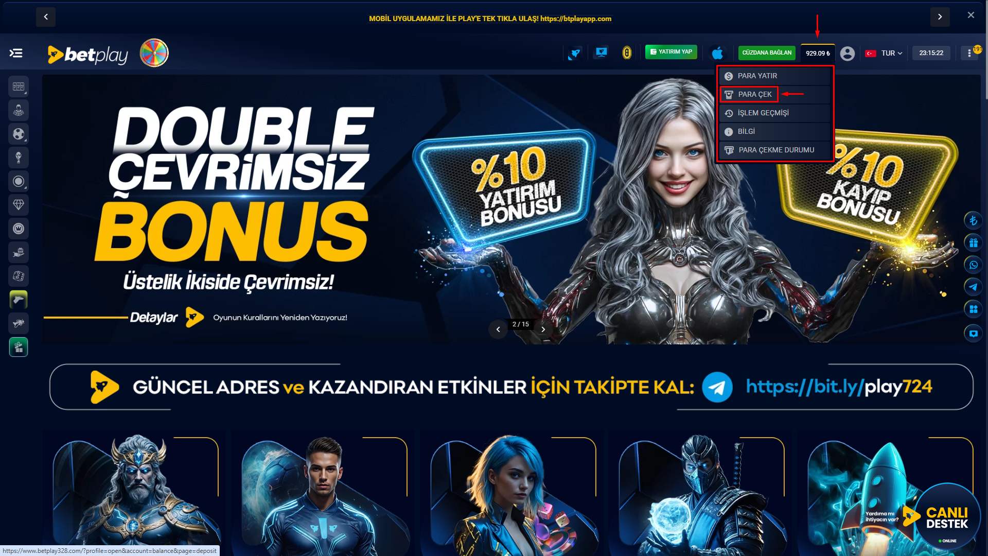 💼 Sağ üst köşedeki “Para Çek” butonuna tıklayın.