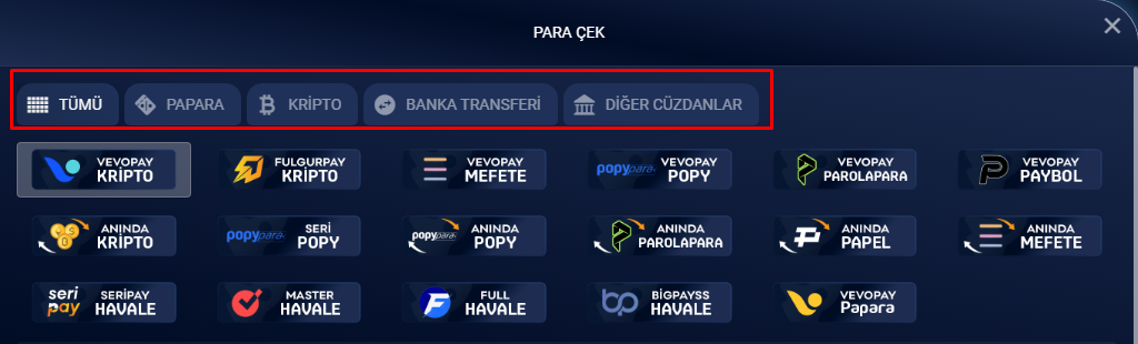 📲 Para çekmek istediğiniz yöntemi seçin.
